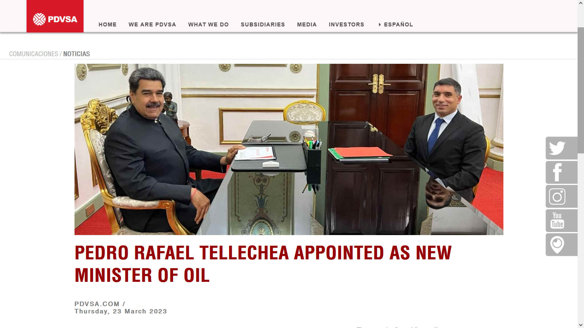 The president of the Bolivarian Republic of Venezuela, Nicolás Maduro Moros, announced on Tuesday night the appointment of Pedro Rafael Tellechea, as the new Minister of Oil. Through a message on his social network Twitter @NicolasMaduro, the President announced the information. "I met with the president of PDVSA, Engineer Pedro Tellechea, I appointed him as the new minister of Oil, in the transformation process that the industry is going through. Maximum Efficiency Companion!" said Maduro. In response to this appointment, Tellechea tweeted @tellechearuiz: "I count on my best efforts and full commitment to continue contributing to the economic and social development of our Homeland, with his leadership together with the entire government team. Teamwork, Sure Victory!". The young mechanical engineer with a specialty in public finance has assumed responsibilities in various state enterprises since the reactivation of the state reducer Industria Venezolana del Aluminio C.A., CVG Venalum, in Guyana; passing through the Petrochemical area in Pequiven S.A., and since 6 January assumed the reins of Petróleos de Venezuela S.A., (PDVSA). Also, the new Minister of Petroleum played a fundamental role in the recovery of Monomeros Colombo Venezolano S.A., a subsidiary of Pequiven in Colombia, in which it established a new board of directors in September 2022, promoting its production processes for the benefit of Colombian farmers.